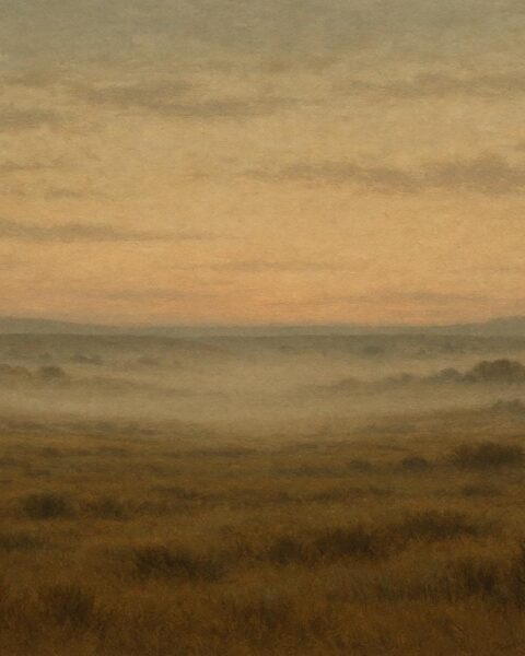 Misty plains landscape at dawn symbolizing distant drum warnings remembered in Indigenous war legends.