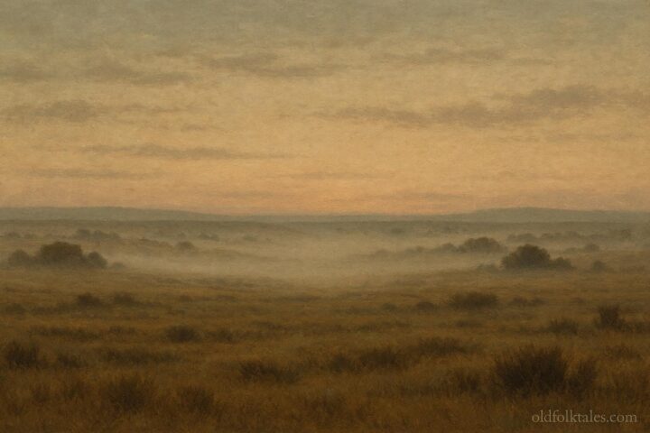 Misty plains landscape at dawn symbolizing distant drum warnings remembered in Indigenous war legends.