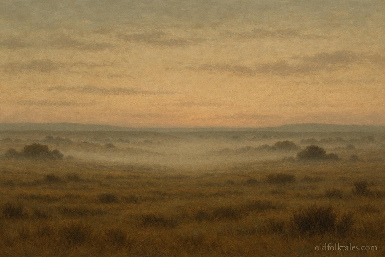 Misty plains landscape at dawn symbolizing distant drum warnings remembered in Indigenous war legends.