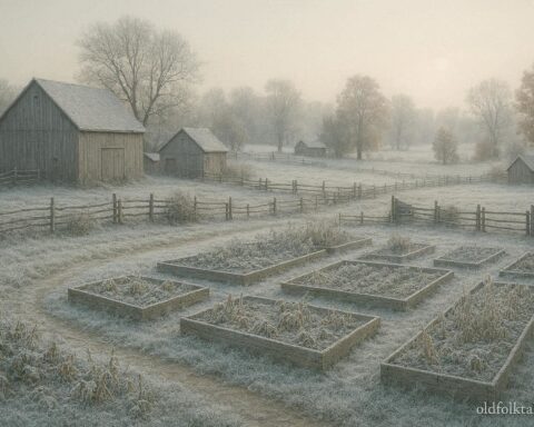 Early autumn frost covering fields and garden beds in a Midwestern rural area with barns and fences in soft morning light.