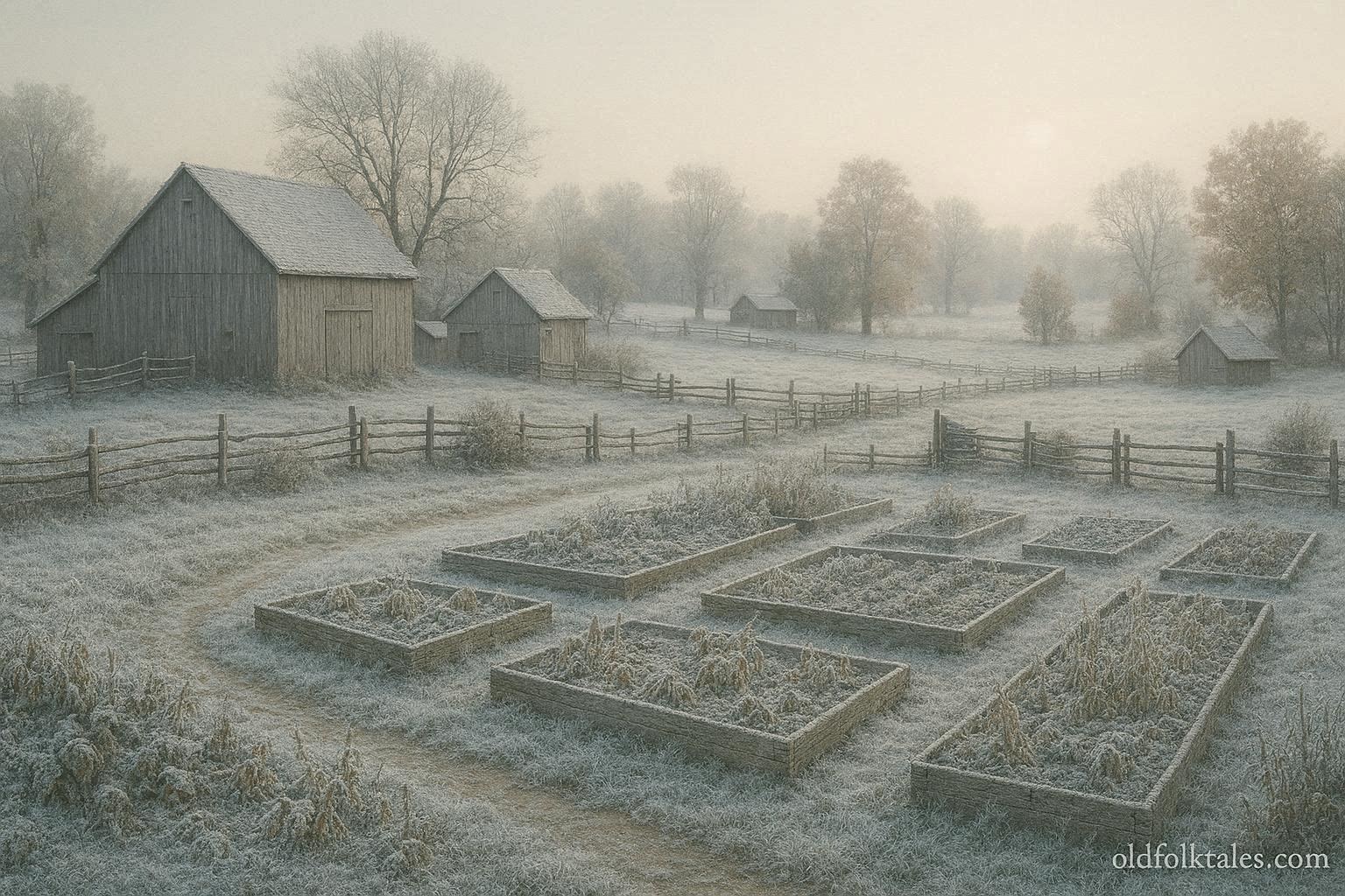 Early autumn frost covering fields and garden beds in a Midwestern rural area with barns and fences in soft morning light.