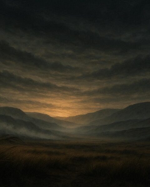 Empty American landscape with mist and wind suggesting legendary unseen battle cries before conflict.