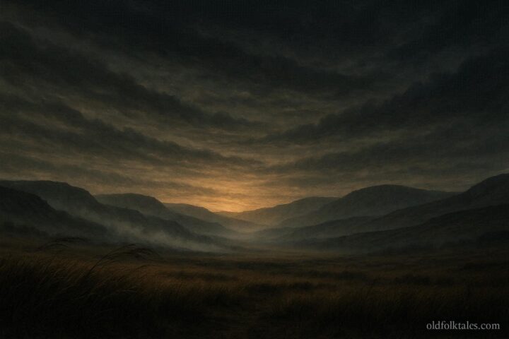 Empty American landscape with mist and wind suggesting legendary unseen battle cries before conflict.