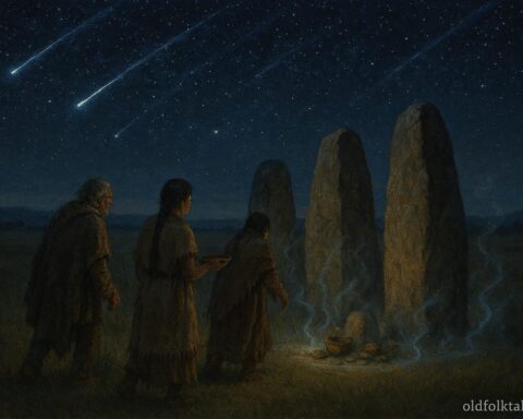 Villagers honoring glowing stones fallen from the sky, representing Plains Indigenous belief that stars become sacred stones