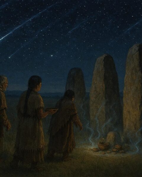 Villagers honoring glowing stones fallen from the sky, representing Plains Indigenous belief that stars become sacred stones