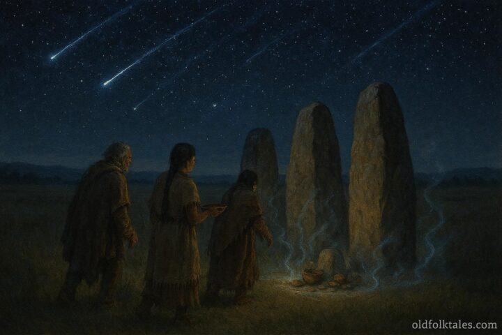 Villagers honoring glowing stones fallen from the sky, representing Plains Indigenous belief that stars become sacred stones