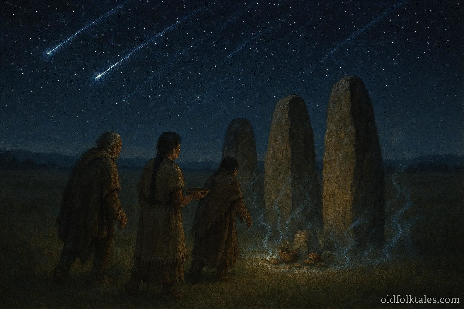 Villagers honoring glowing stones fallen from the sky, representing Plains Indigenous belief that stars become sacred stones
