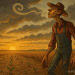 Febold Feboldson standing in a Nebraska field, whistling as clouds form and crops sprout magically around him.