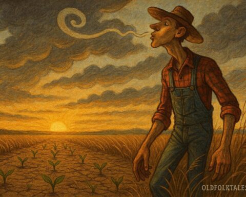 Febold Feboldson standing in a Nebraska field, whistling as clouds form and crops sprout magically around him.