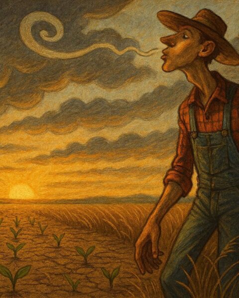 Febold Feboldson standing in a Nebraska field, whistling as clouds form and crops sprout magically around him.