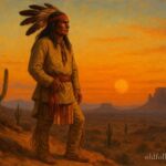 Geronimo, Apache warrior legend, depicted overlooking desert lands, symbolizing resistance and leadership