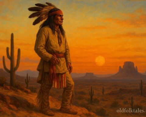Geronimo, Apache warrior legend, depicted overlooking desert lands, symbolizing resistance and leadership