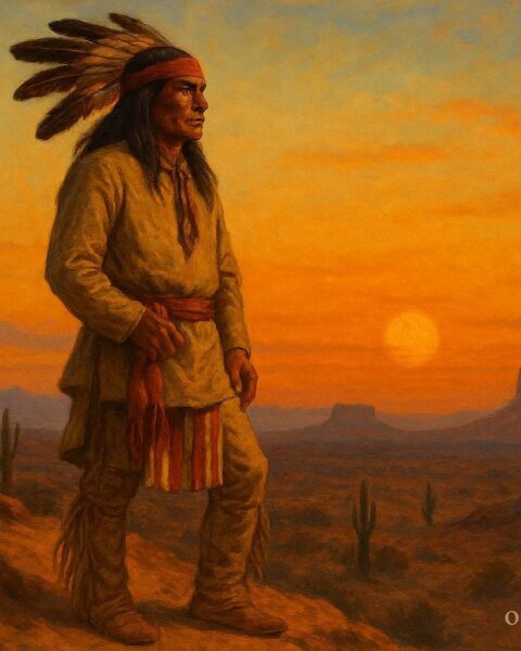 Geronimo, Apache warrior legend, depicted overlooking desert lands, symbolizing resistance and leadership