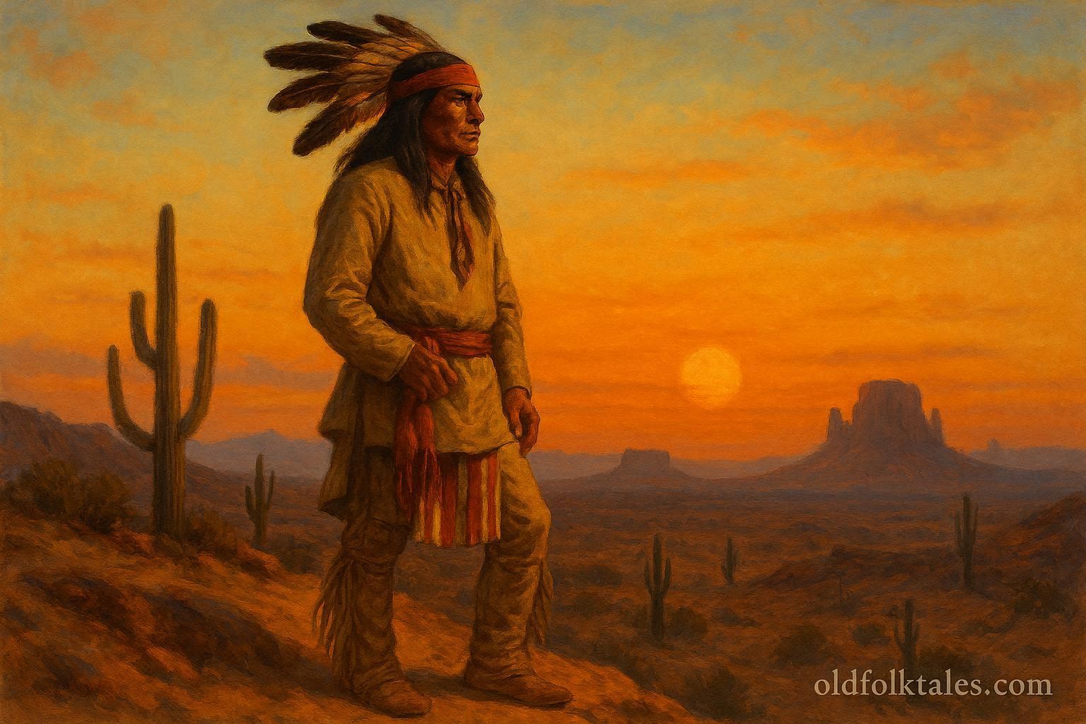 Geronimo, Apache warrior legend, depicted overlooking desert lands, symbolizing resistance and leadership