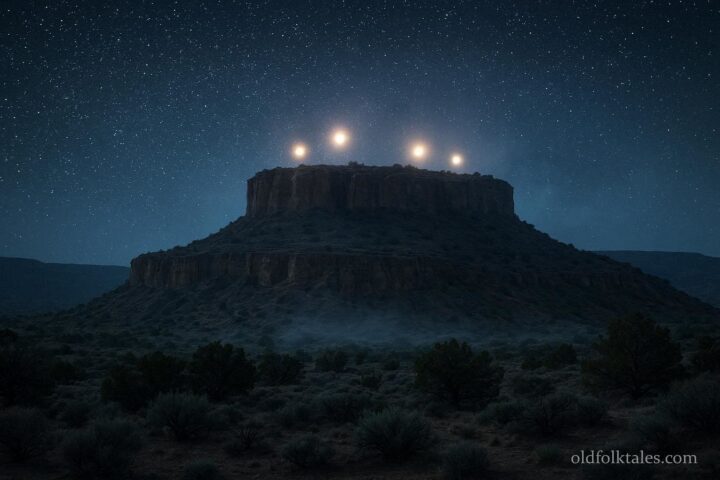 Night view of remote New Mexico mesa with glowing floating lights near cliff edge under starry sky representing Urraca Mesa legend.