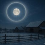 Full moon surrounded by a glowing halo over snow-covered fields and farmhouses at night, with fences and barns in the moonlight.