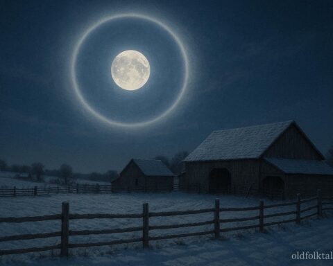 Full moon surrounded by a glowing halo over snow-covered fields and farmhouses at night, with fences and barns in the moonlight.