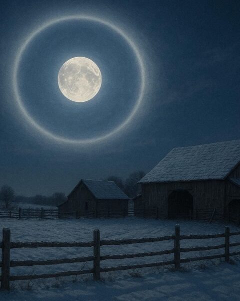 Full moon surrounded by a glowing halo over snow-covered fields and farmhouses at night, with fences and barns in the moonlight.