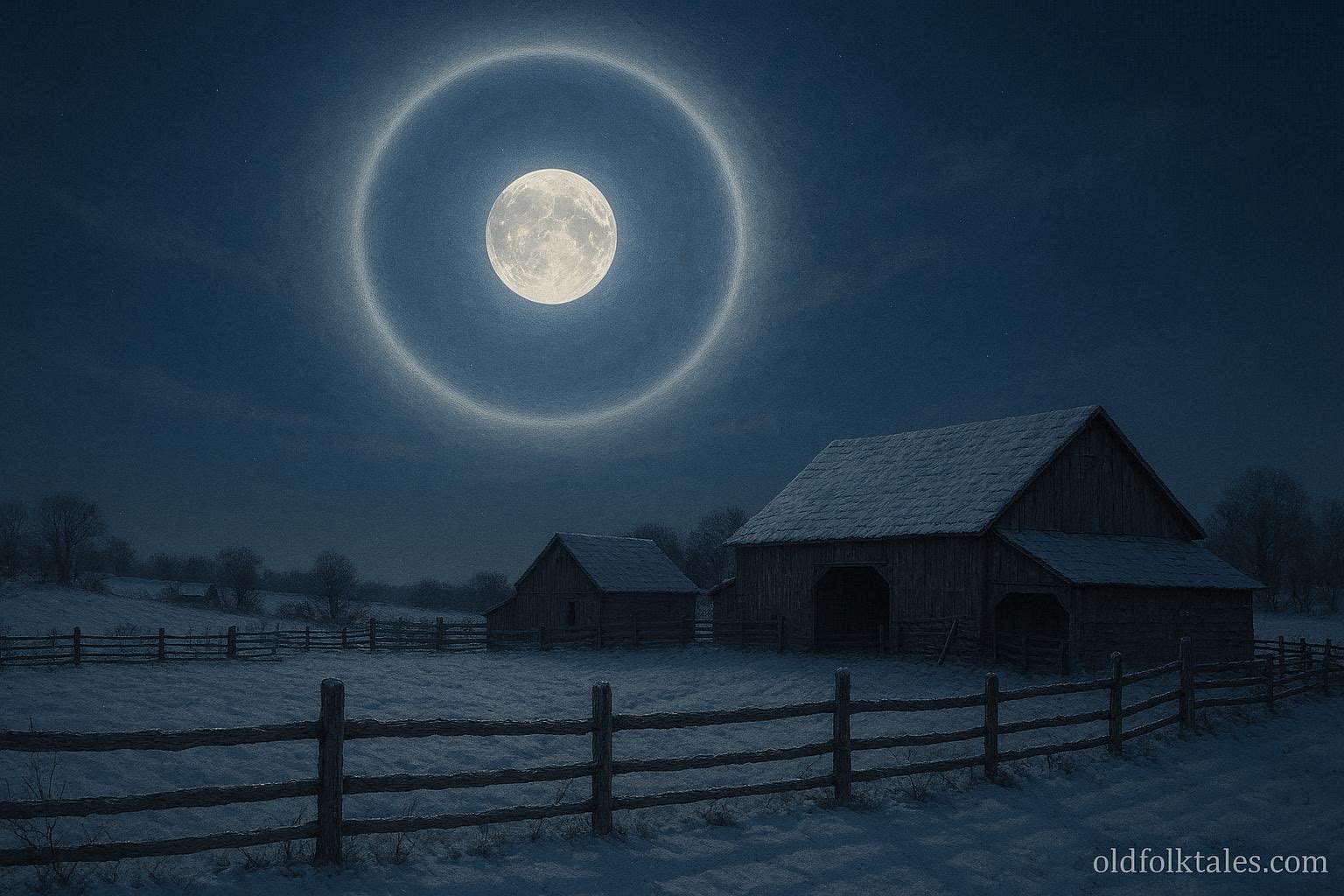 Full moon surrounded by a glowing halo over snow-covered fields and farmhouses at night, with fences and barns in the moonlight.