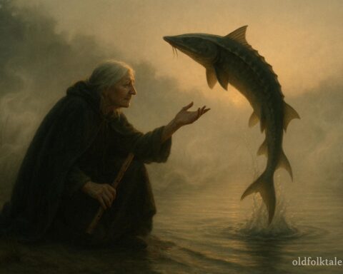 An elderly woman kneels at the Great Lakes shore calling a giant sturgeon from the water with a wooden flute.