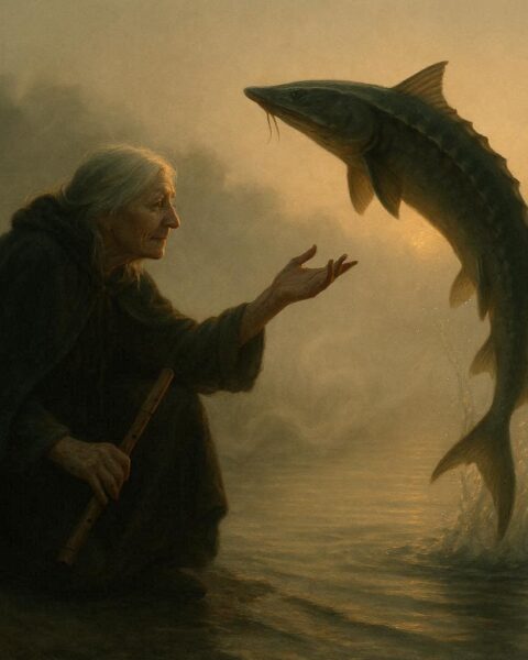 An elderly woman kneels at the Great Lakes shore calling a giant sturgeon from the water with a wooden flute.