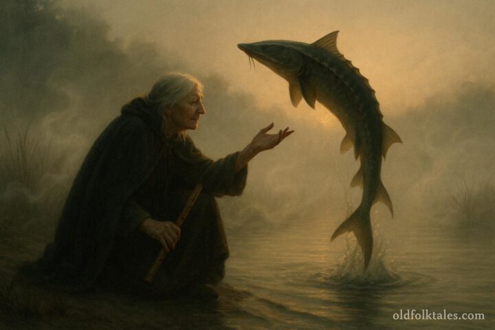 An elderly woman kneels at the Great Lakes shore calling a giant sturgeon from the water with a wooden flute.