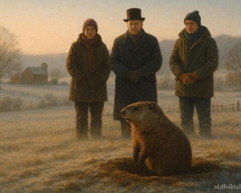 Groundhog emerging from burrow as people watch in Pennsylvania winter morning for Groundhog Day tradition