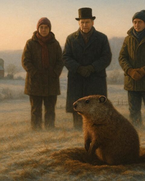 Groundhog emerging from burrow as people watch in Pennsylvania winter morning for Groundhog Day tradition