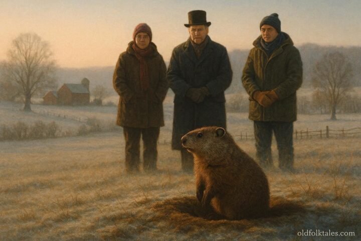 Groundhog emerging from burrow as people watch in Pennsylvania winter morning for Groundhog Day tradition