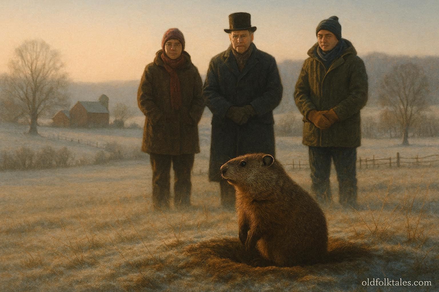 Groundhog emerging from burrow as people watch in Pennsylvania winter morning for Groundhog Day tradition