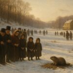 Rural Pennsylvania community gathered on a cold February morning watching a groundhog emerge from its burrow near snow-covered fields and farmhouses, sunlight casting visible shadows.
