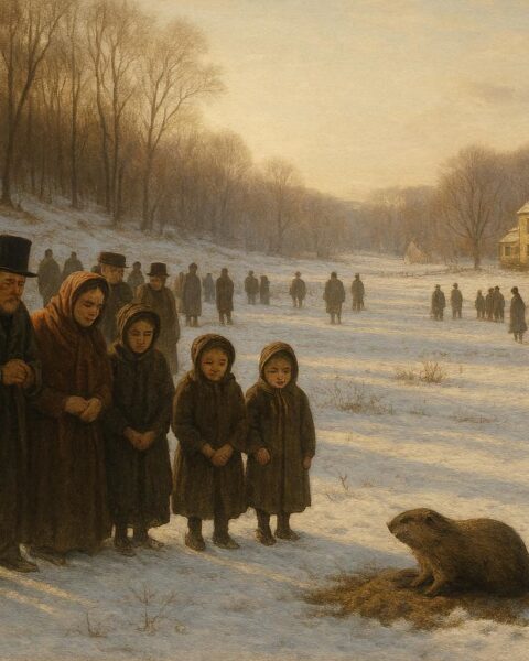 Rural Pennsylvania community gathered on a cold February morning watching a groundhog emerge from its burrow near snow-covered fields and farmhouses, sunlight casting visible shadows.