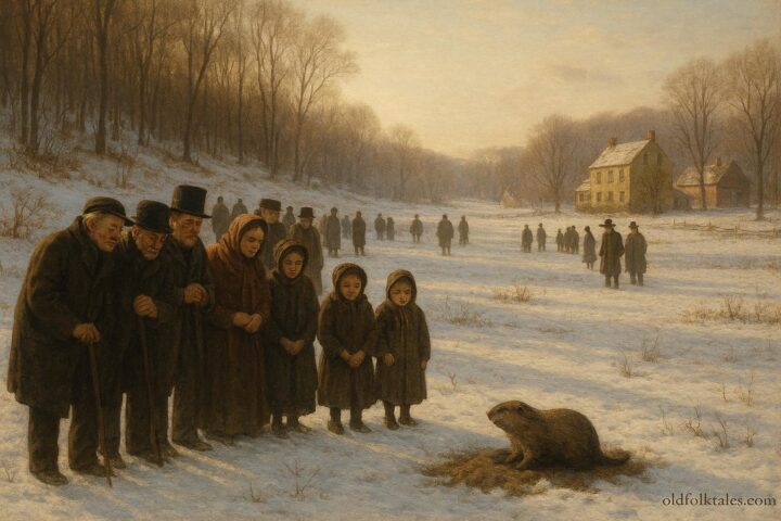 Rural Pennsylvania community gathered on a cold February morning watching a groundhog emerge from its burrow near snow-covered fields and farmhouses, sunlight casting visible shadows.