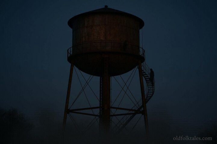 Faint shadowy figure seen on a rusty Wichita water tower at dusk, with spiral staircases and mist surrounding the base.