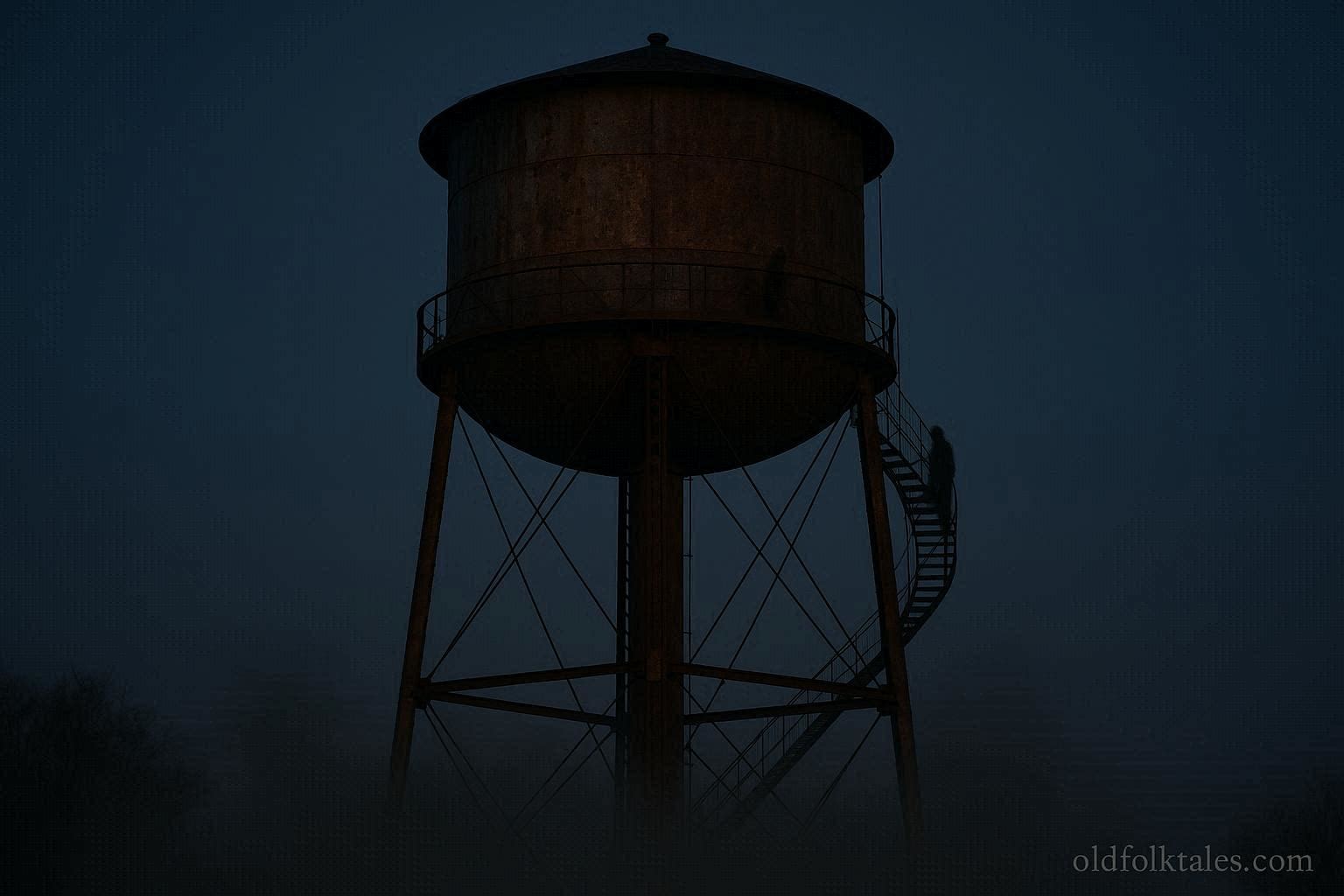Faint shadowy figure seen on a rusty Wichita water tower at dusk, with spiral staircases and mist surrounding the base.