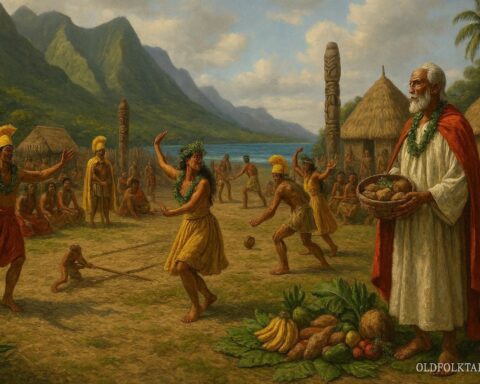 Hawaiian Makahiki festival showing dancers, games, and offerings in a village setting