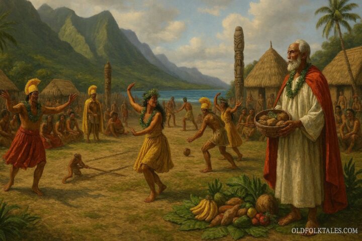 Hawaiian Makahiki festival showing dancers, games, and offerings in a village setting