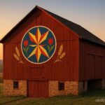 A red Pennsylvania Dutch barn displays a brightly painted hex sign with geometric stars and tulips at sunrise.