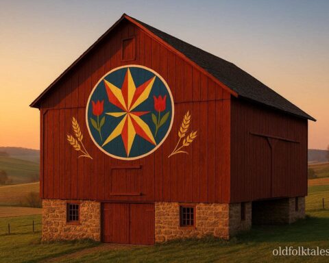 A red Pennsylvania Dutch barn displays a brightly painted hex sign with geometric stars and tulips at sunrise.