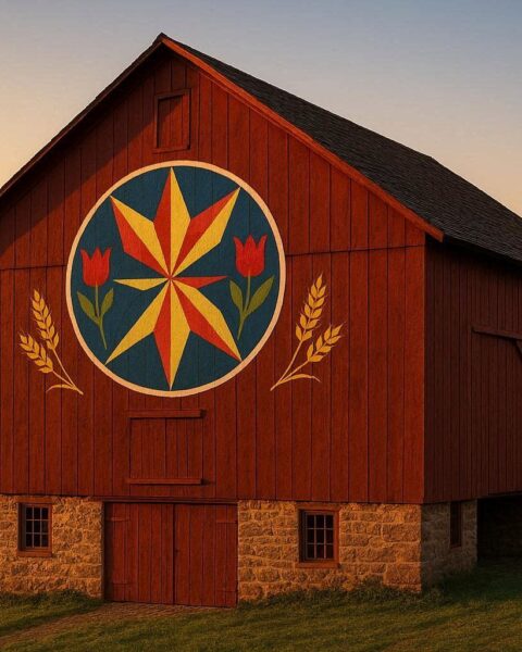 A red Pennsylvania Dutch barn displays a brightly painted hex sign with geometric stars and tulips at sunrise.