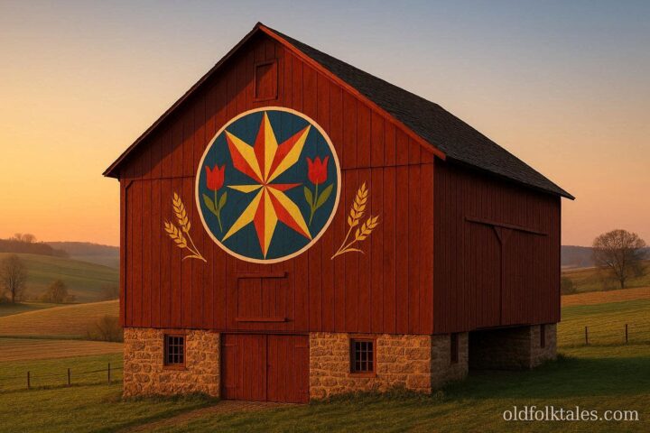 A red Pennsylvania Dutch barn displays a brightly painted hex sign with geometric stars and tulips at sunrise.