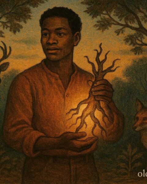 A magical folk hero holding a root, standing in a forest clearing with glowing light.