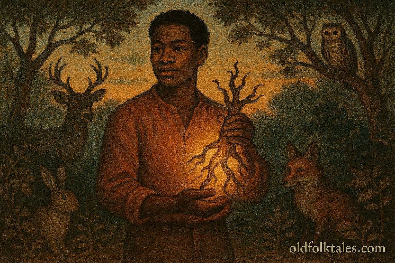 A magical folk hero holding a root, standing in a forest clearing with glowing light.