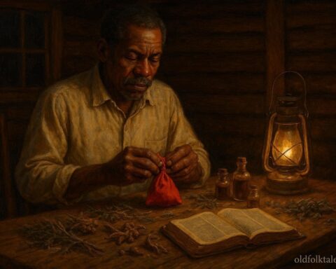 A Southern root doctor prepares a mojo bag with herbs and roots by lantern light inside a wooden cabin.