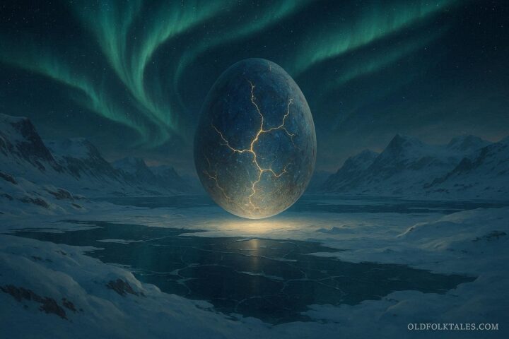 Glowing cosmic egg hovering over Arctic ice with aurora borealis in the night sky representing Inuit creation myth.