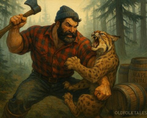 A Maine woodsman wrestles a bobcat in a misty forest with barrels of maple syrup nearby.