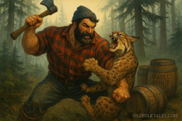 A Maine woodsman wrestles a bobcat in a misty forest with barrels of maple syrup nearby.
