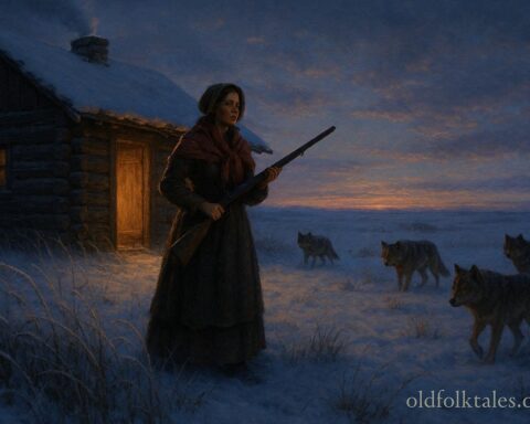 Katy Goodgrit, a pioneer woman, stands with rifle on a snowy Great Plains homestead while wolves watch from a distance.