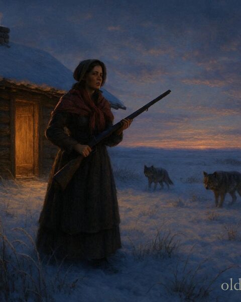 Katy Goodgrit, a pioneer woman, stands with rifle on a snowy Great Plains homestead while wolves watch from a distance.