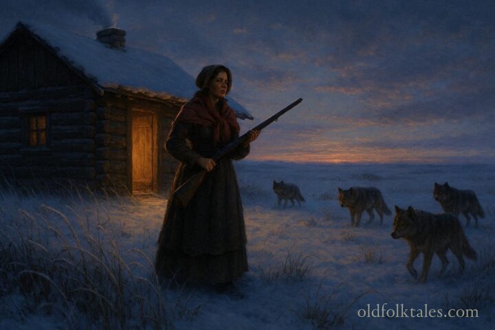 Katy Goodgrit, a pioneer woman, stands with rifle on a snowy Great Plains homestead while wolves watch from a distance.